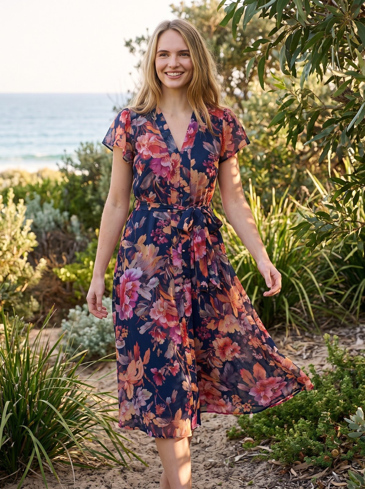 Romy Gentle Navy Floral Tie Waist Midi Dress by Riley Belle