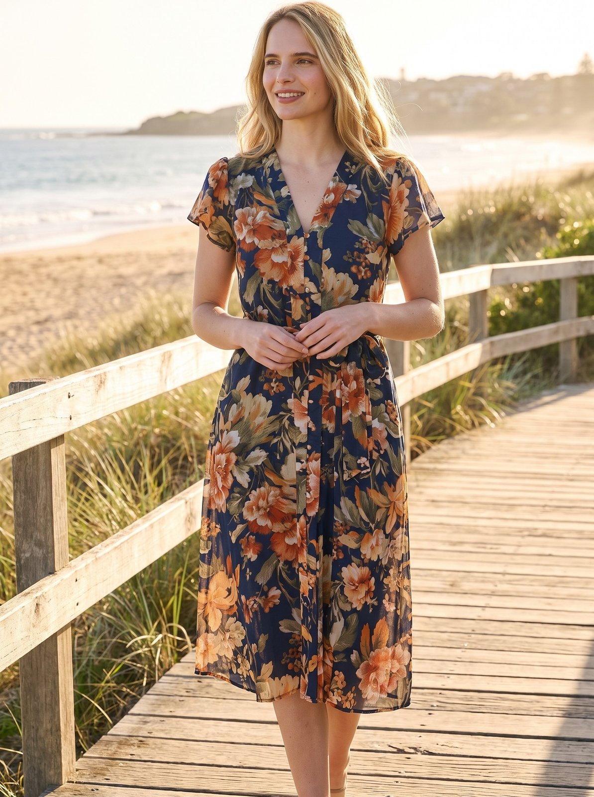 Romy Gentle Navy Floral Tie Waist Midi Dress by Riley Belle