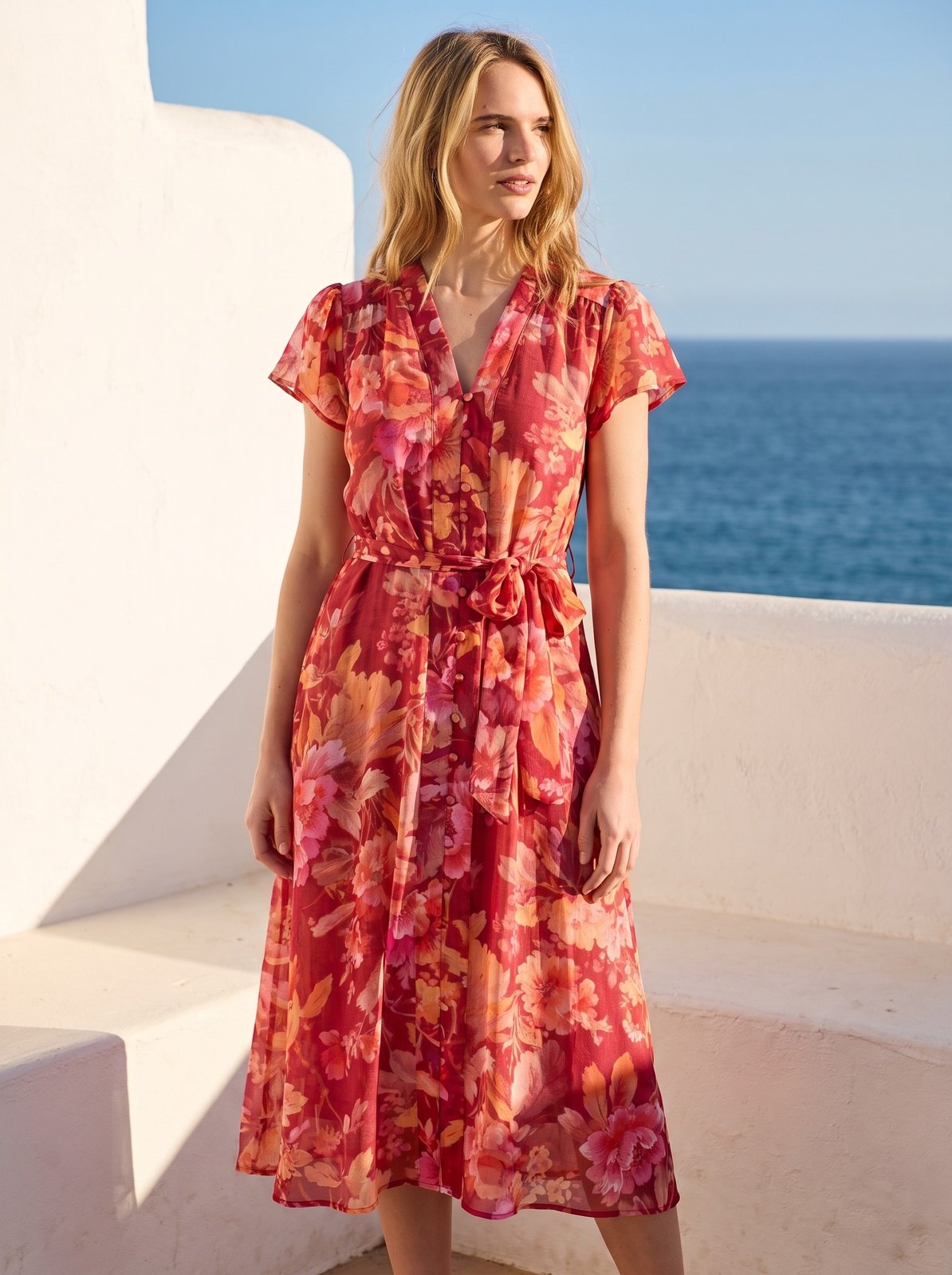 Romy Gentle Rust Floral Tie Waist Midi Dress by Riley Belle