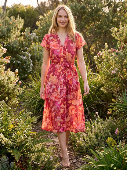 Romy Gentle Rust Floral Tie Waist Midi Dress by Riley Belle