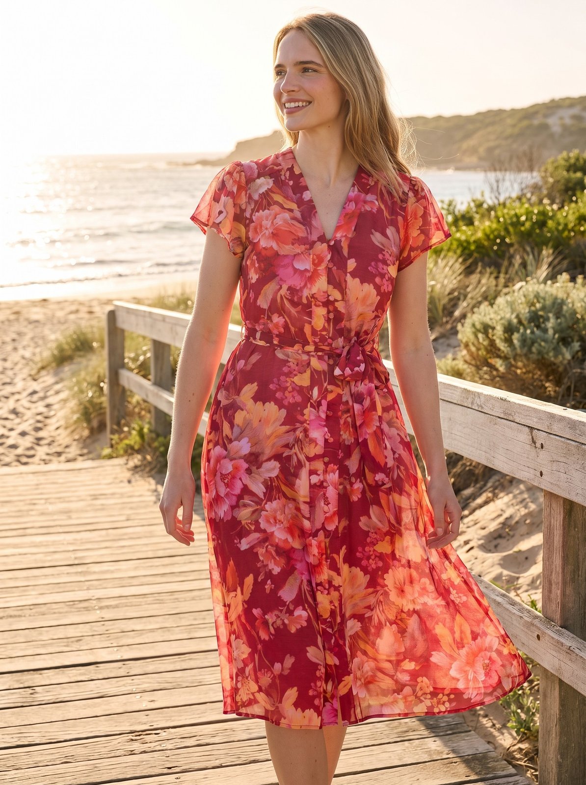 Romy Gentle Rust Floral Tie Waist Midi Dress by Riley Belle