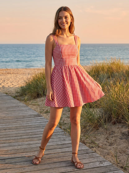 Red gingham summer mini dress by Riley Belle