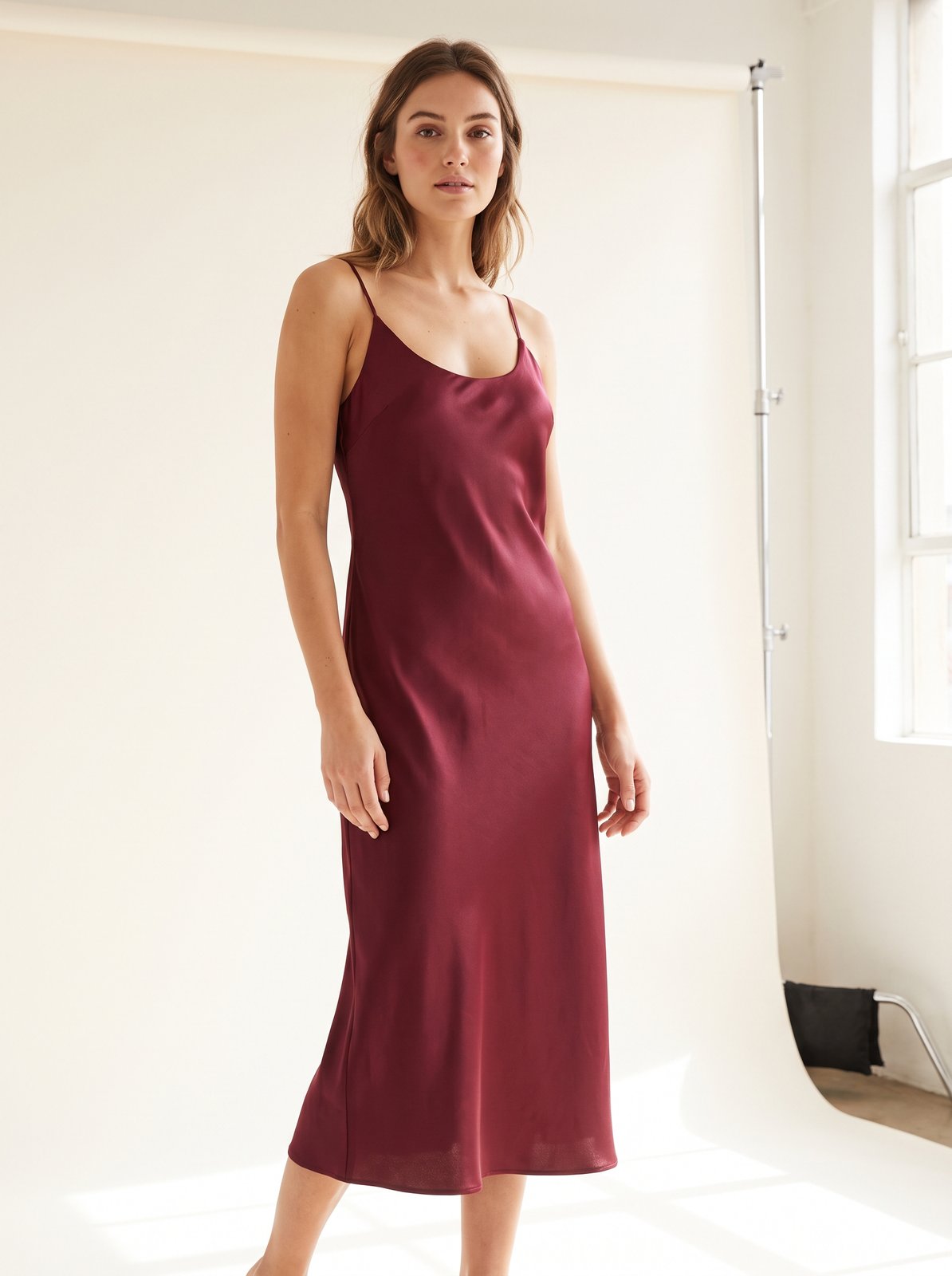 Burgundy satin Christmas party midi dress by Riley Belle