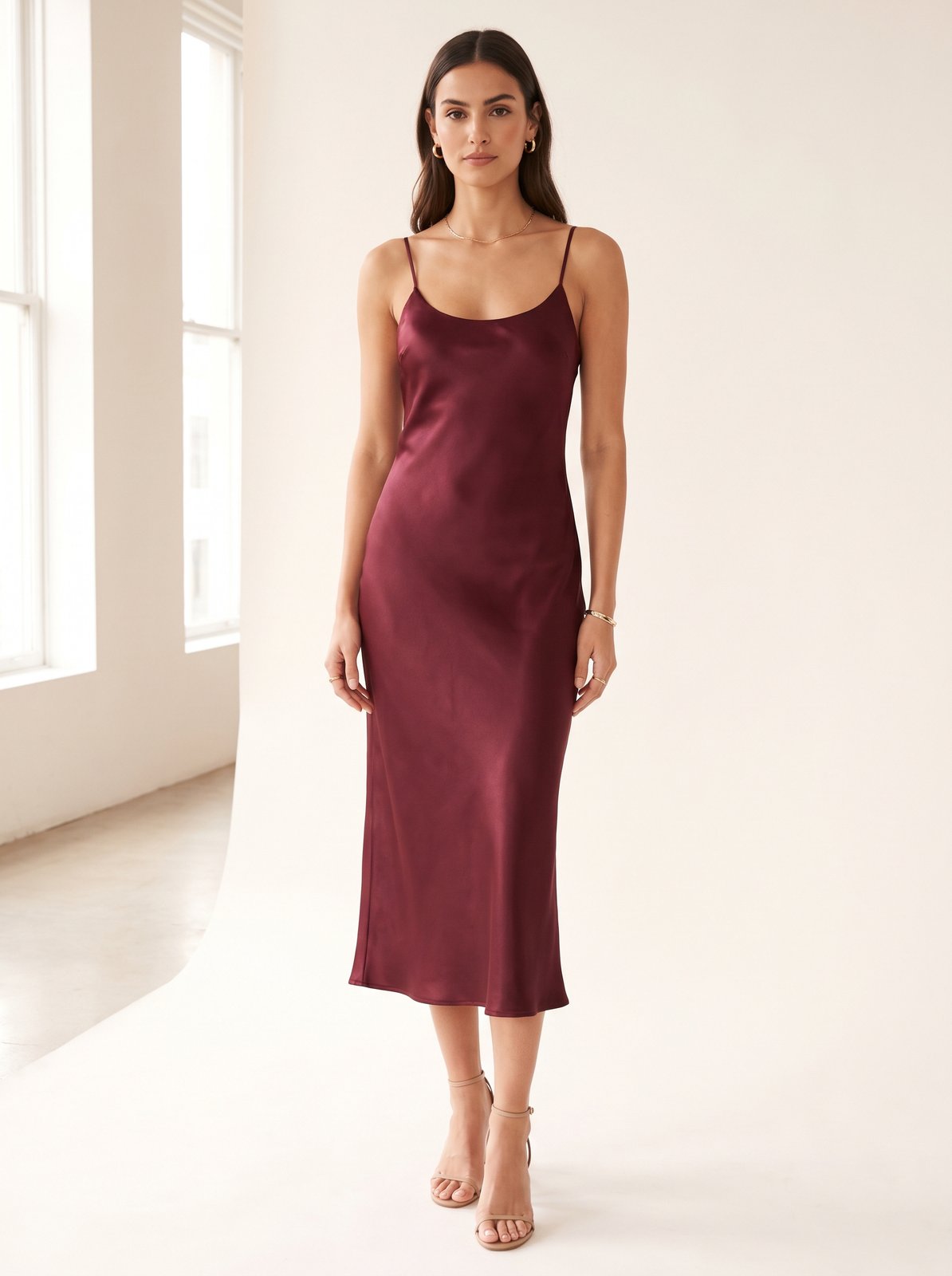 Burgundy satin Christmas party midi dress by Riley Belle