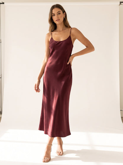 Burgundy satin Christmas party midi dress by Riley Belle