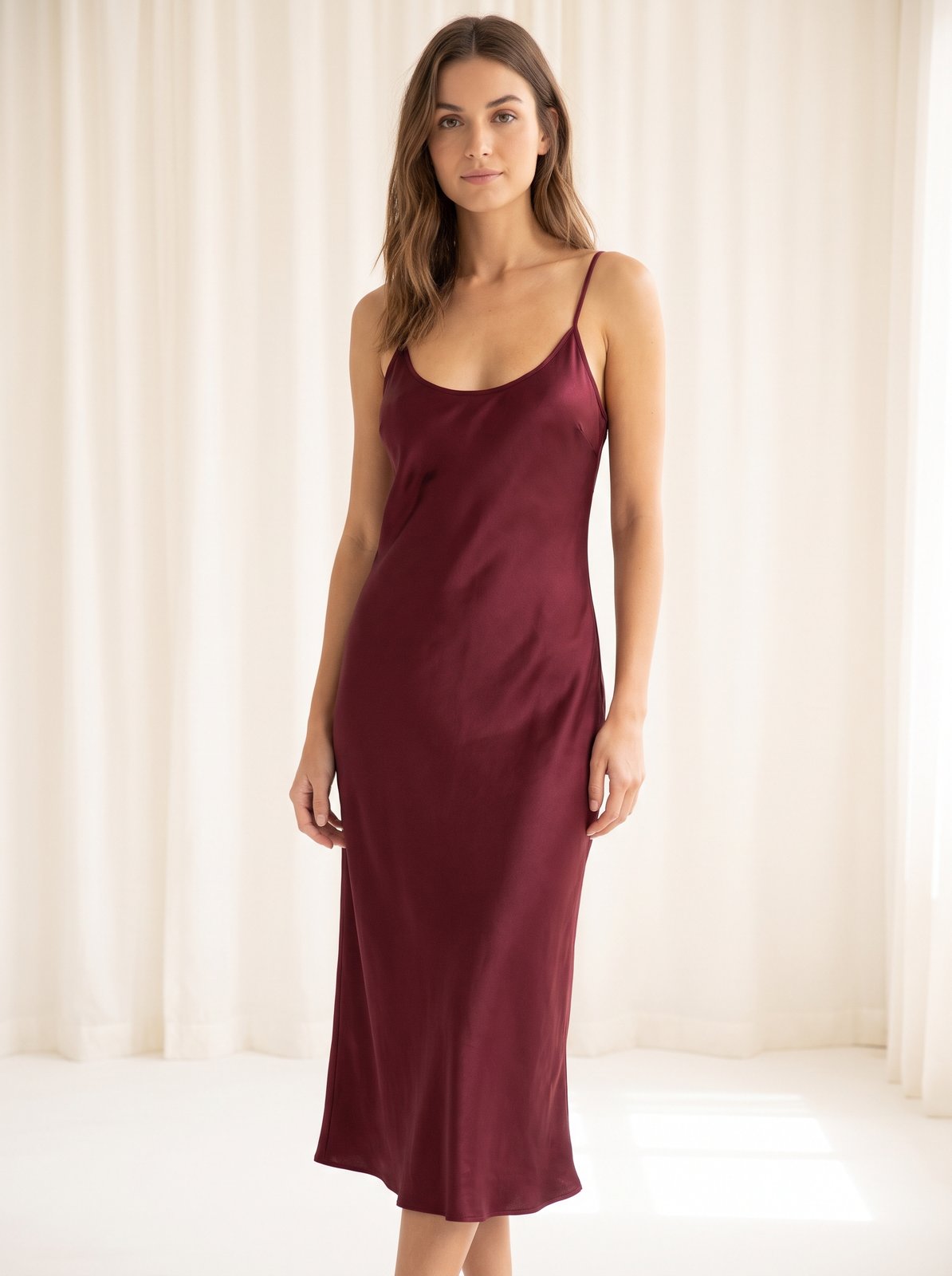 Burgundy satin Christmas party midi dress by Riley Belle