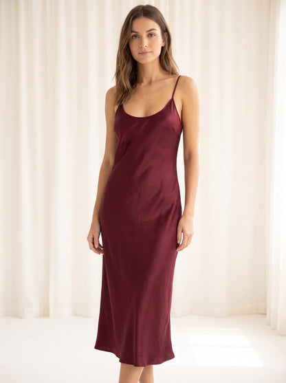 Burgundy satin Christmas party midi dress by Riley Belle