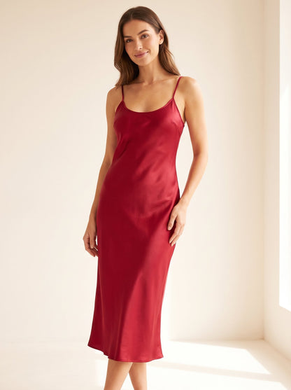 Cherry red satin Christmas party midi dress by Riley Belle