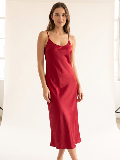 Cherry red satin Christmas party midi dress by Riley Belle