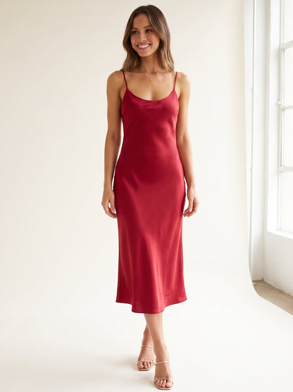 Cherry red satin Christmas party midi dress by Riley Belle