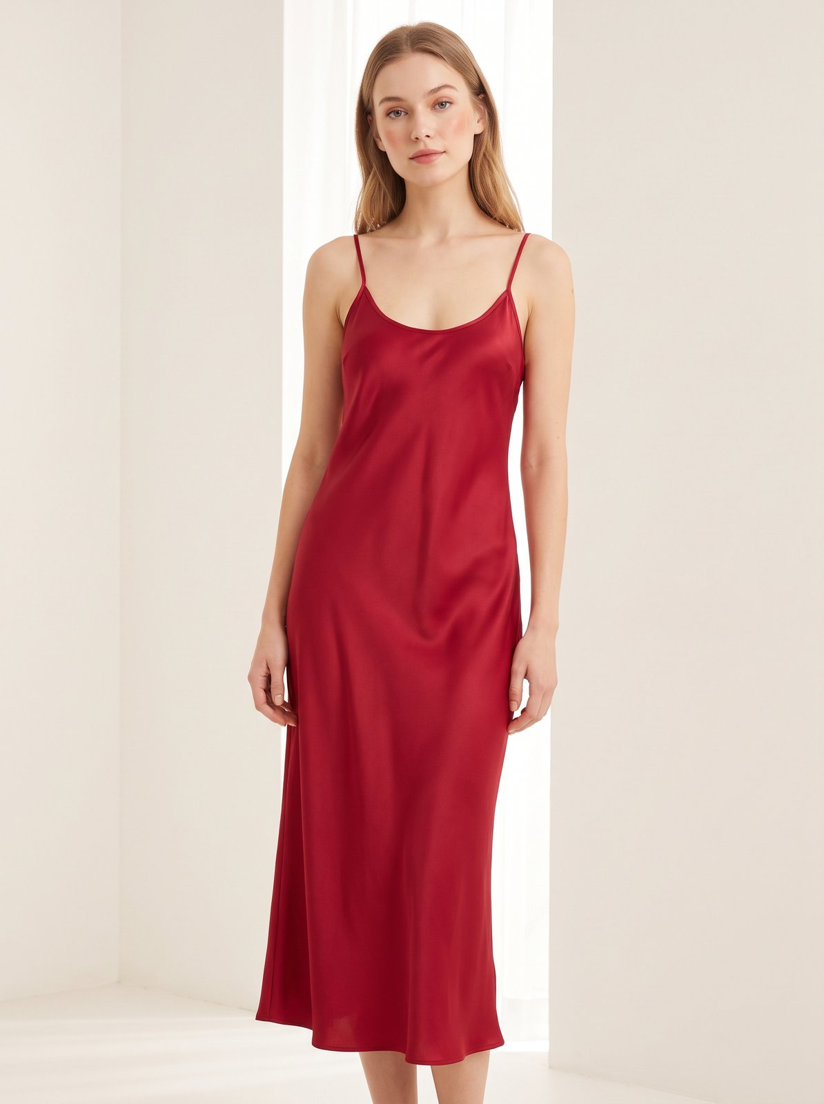 Cherry red satin Christmas party midi dress by Riley Belle