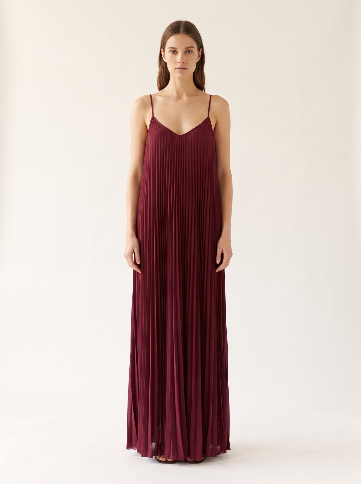 Burgundy pleated Christmas party maxi dress by Riley Belle