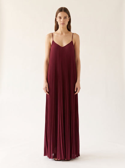 Burgundy pleated Christmas party maxi dress by Riley Belle