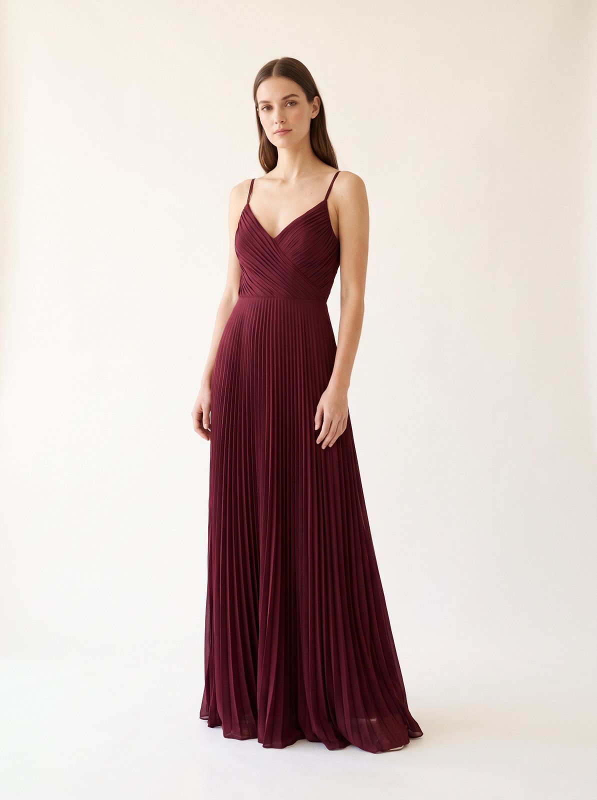 Burgundy pleated Christmas party maxi dress by Riley Belle