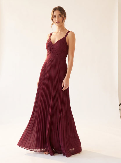 Burgundy pleated Christmas party maxi dress by Riley Belle