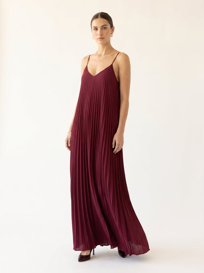 Burgundy pleated Christmas party maxi dress by Riley Belle