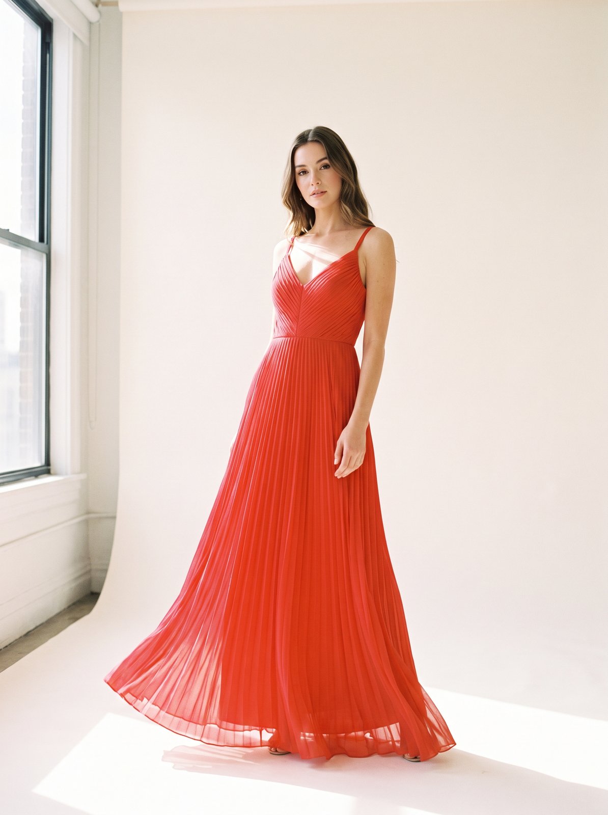 Red pleated Christmas party maxi dress by Riley Belle