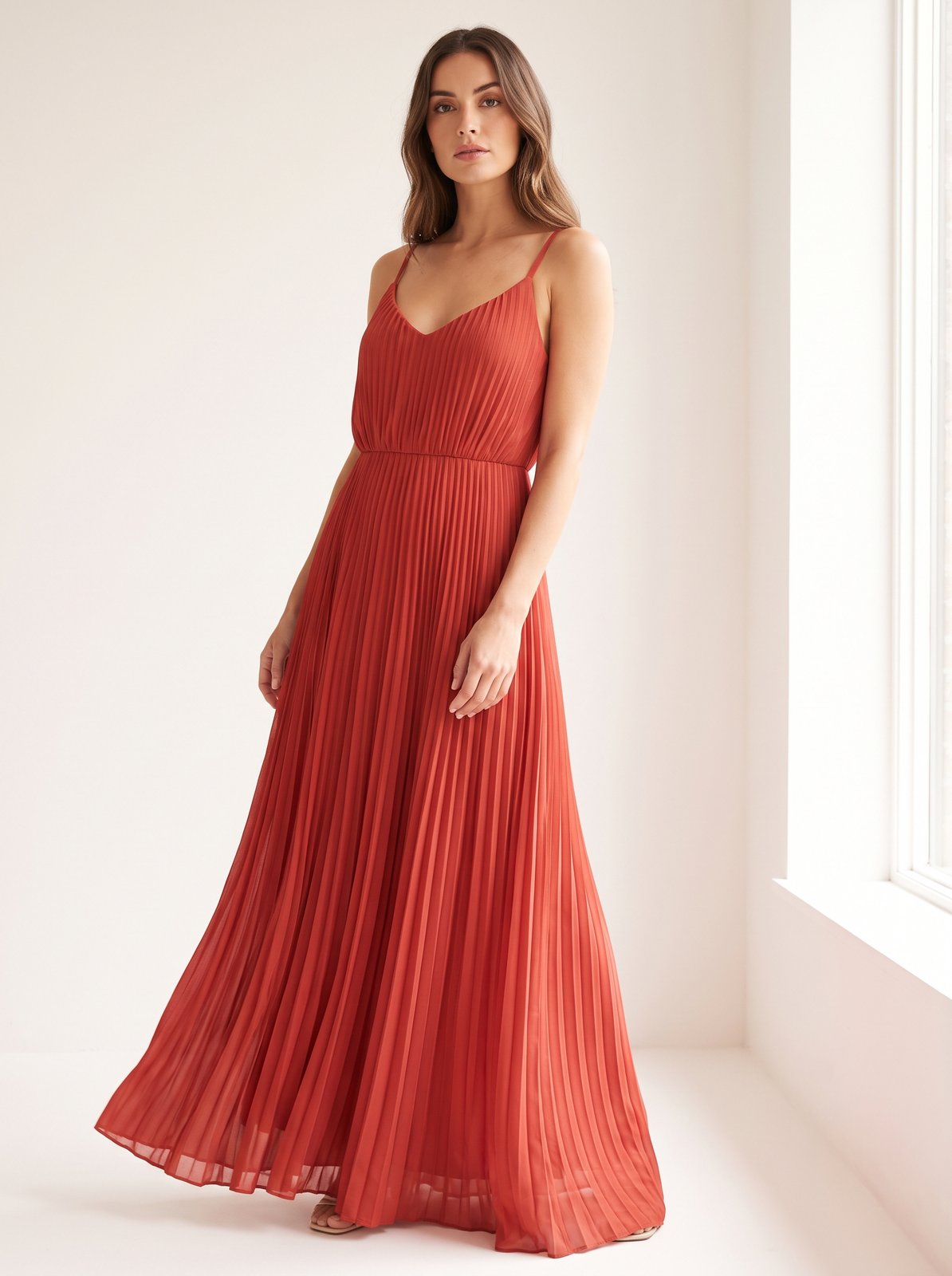 Red pleated Christmas party maxi dress by Riley Belle