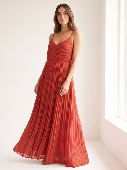 Red pleated Christmas party maxi dress by Riley Belle