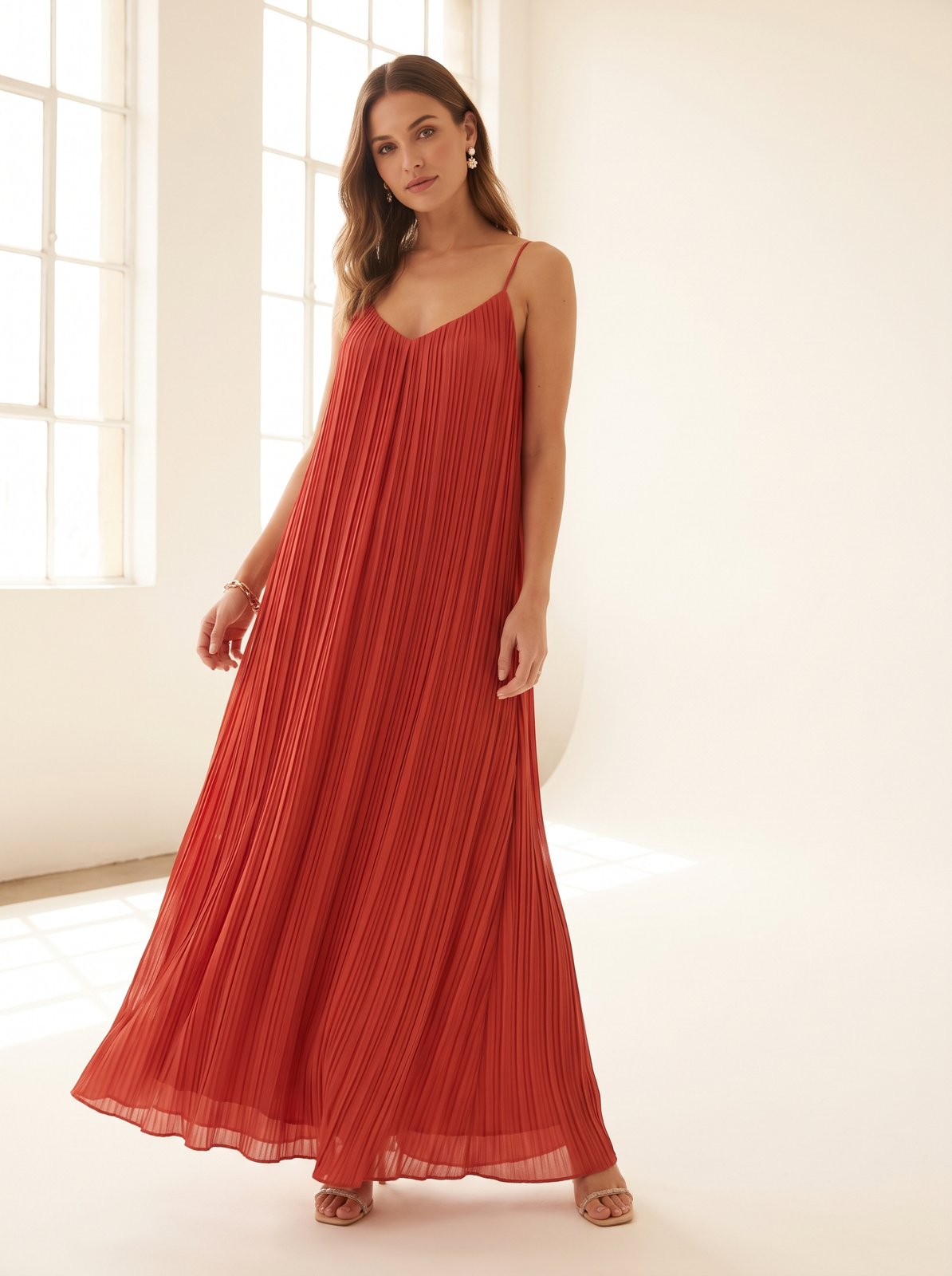 Red pleated Christmas party maxi dress by Riley Belle