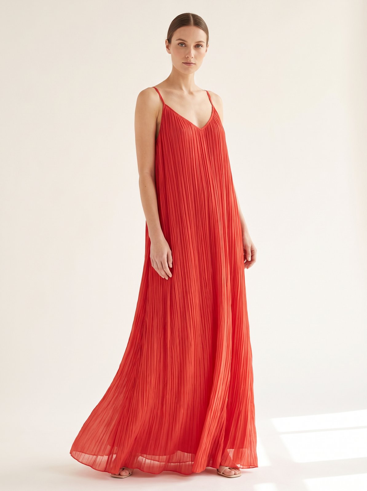Red pleated Christmas party maxi dress by Riley Belle