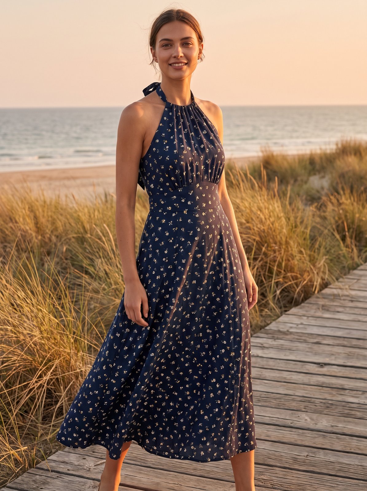 Navy floral halter summer midi dress by Riley Belle