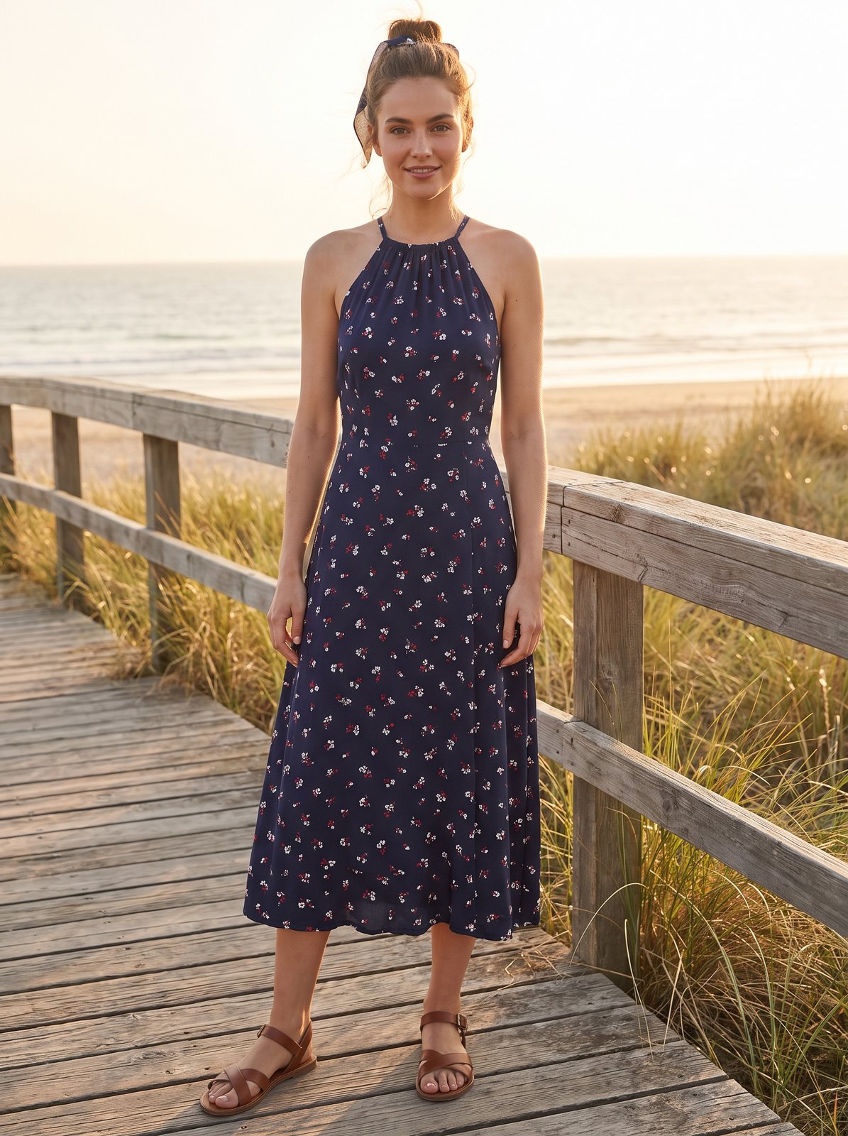 Navy floral halter summer midi dress by Riley Belle