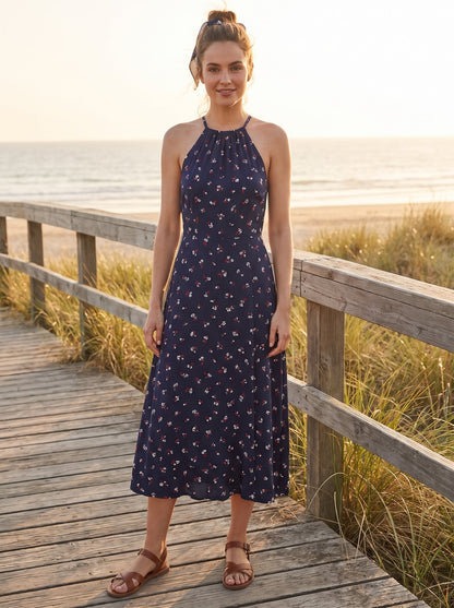 Navy floral halter summer midi dress by Riley Belle