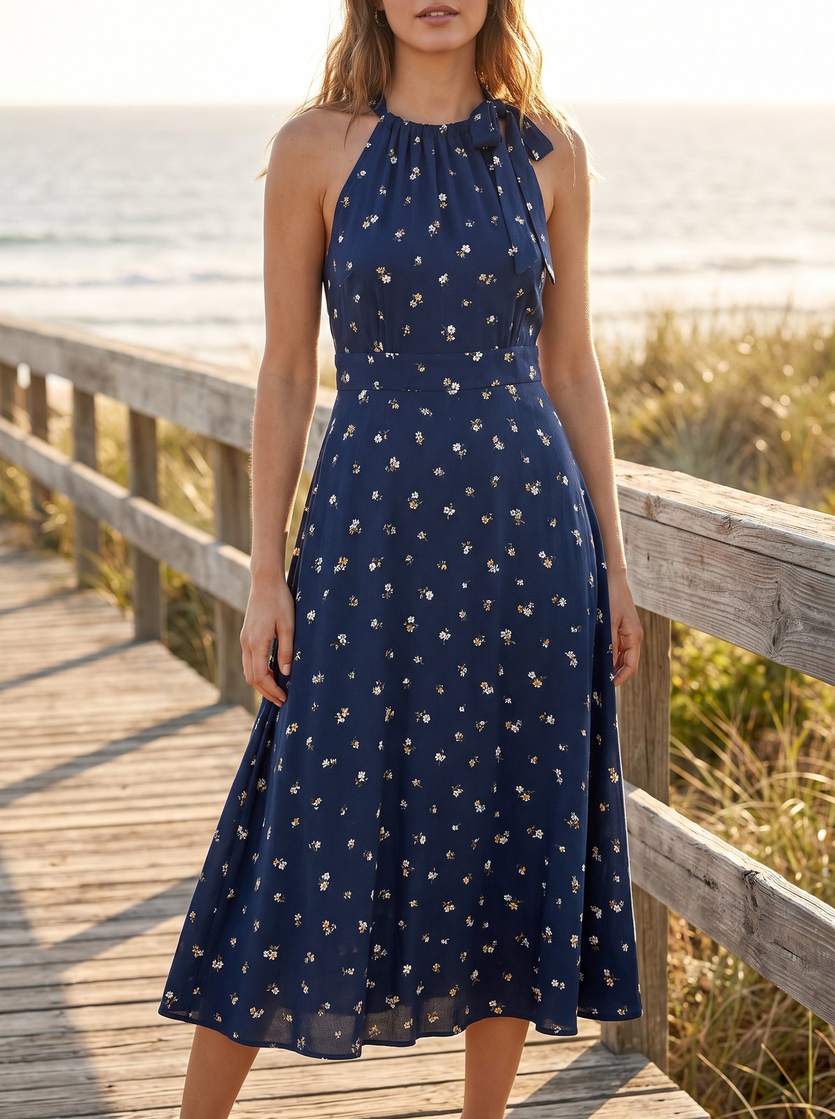 Navy floral halter summer midi dress by Riley Belle
