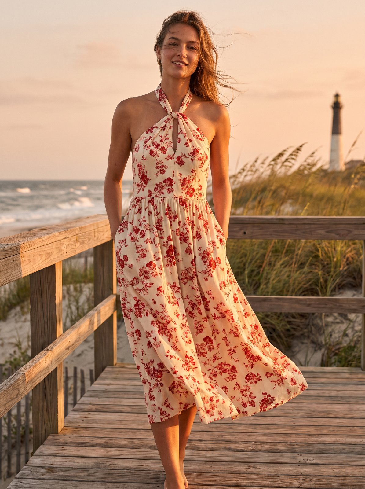 Red floral halter summer midi dress by Riley Belle