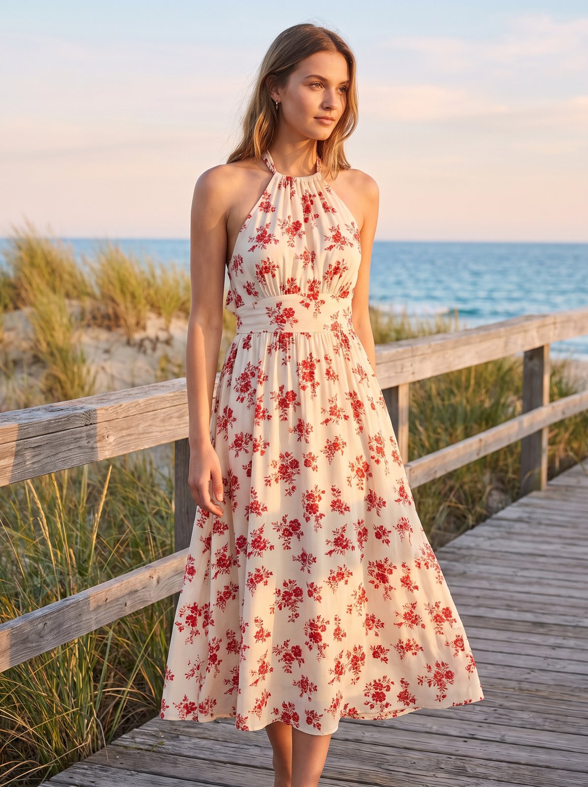 Red floral halter summer midi dress by Riley Belle