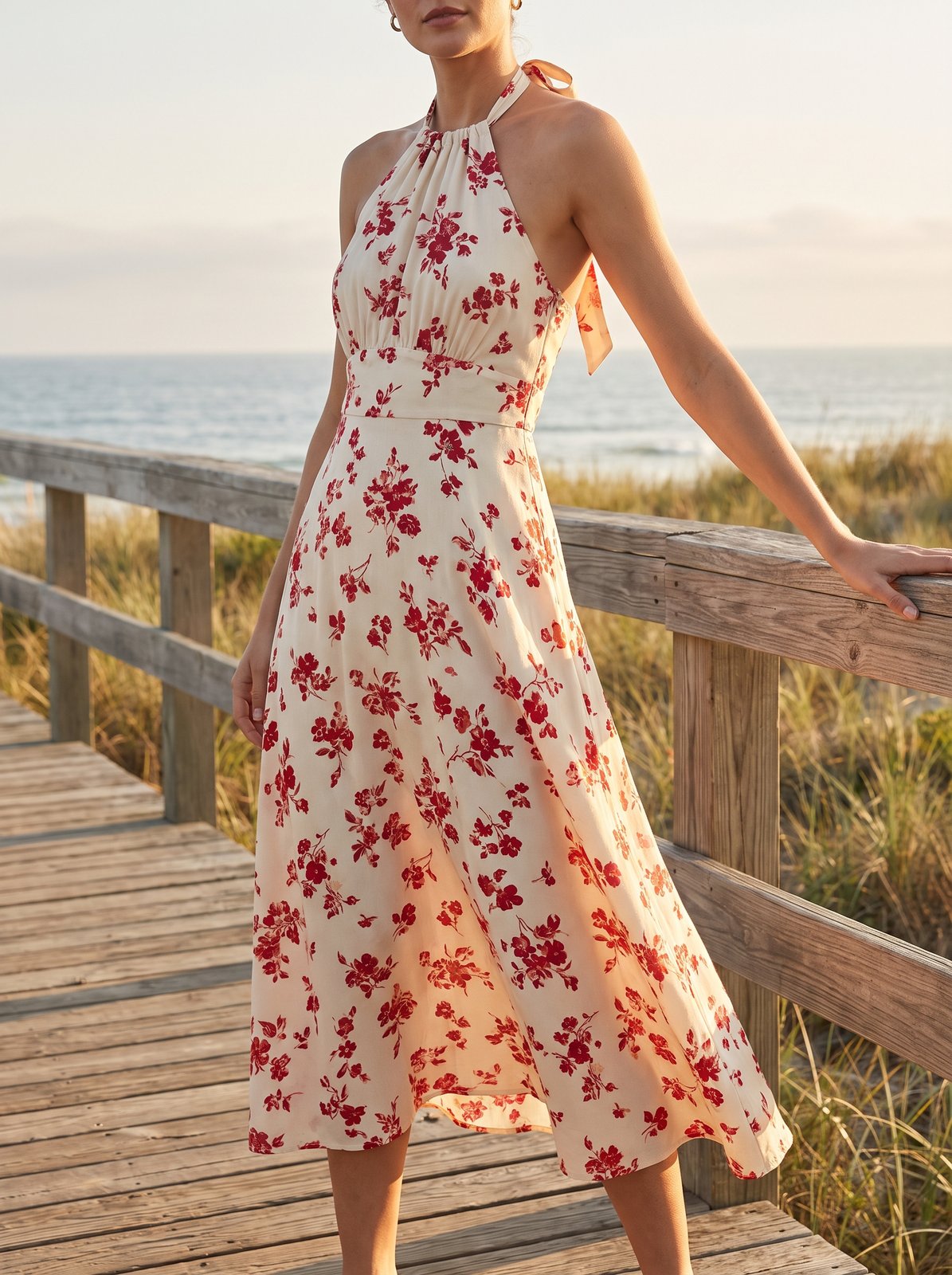 Red floral halter summer midi dress by Riley Belle