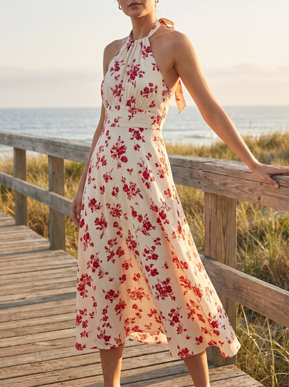 Red floral halter summer midi dress by Riley Belle