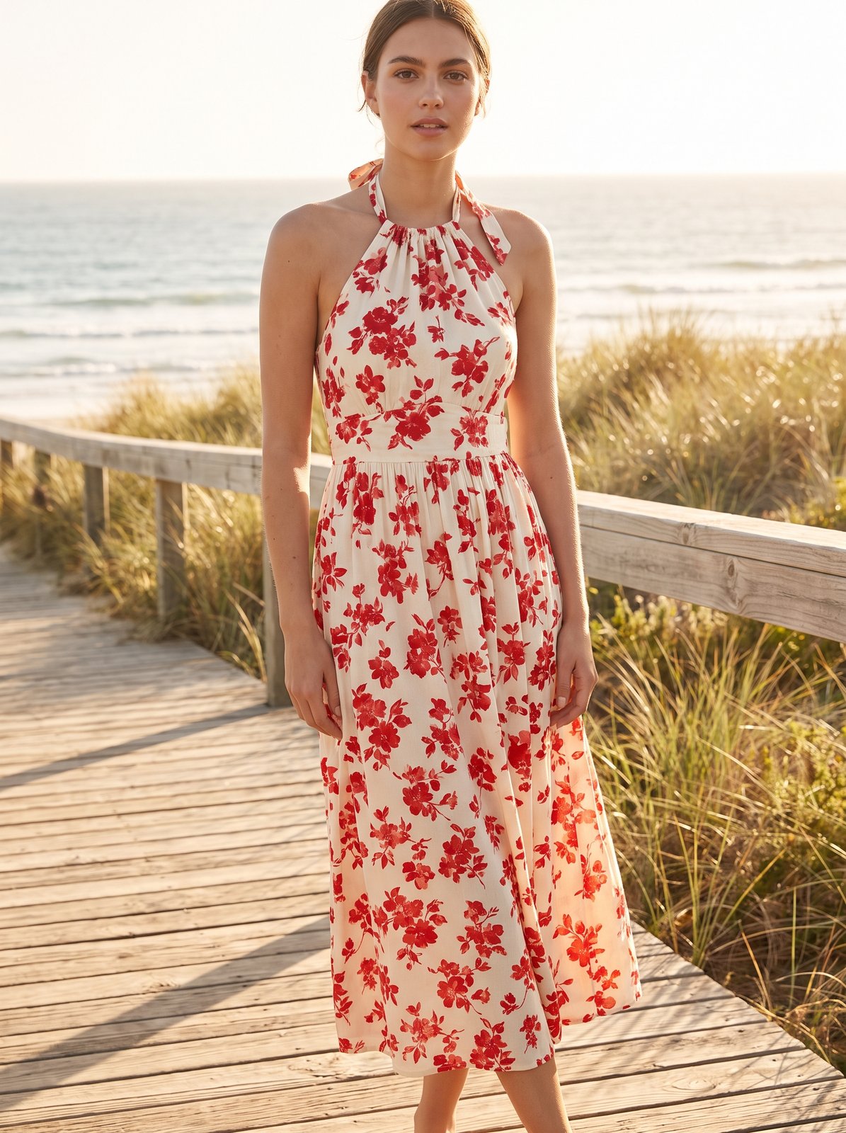 Red floral halter summer midi dress by Riley Belle