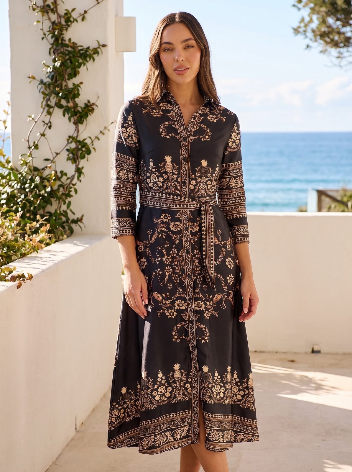Talia Polished Black Floral Satin Shirt Midi Dress by Riley Belle