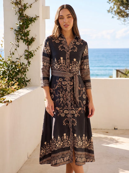 Talia Polished Black Floral Satin Shirt Midi Dress by Riley Belle