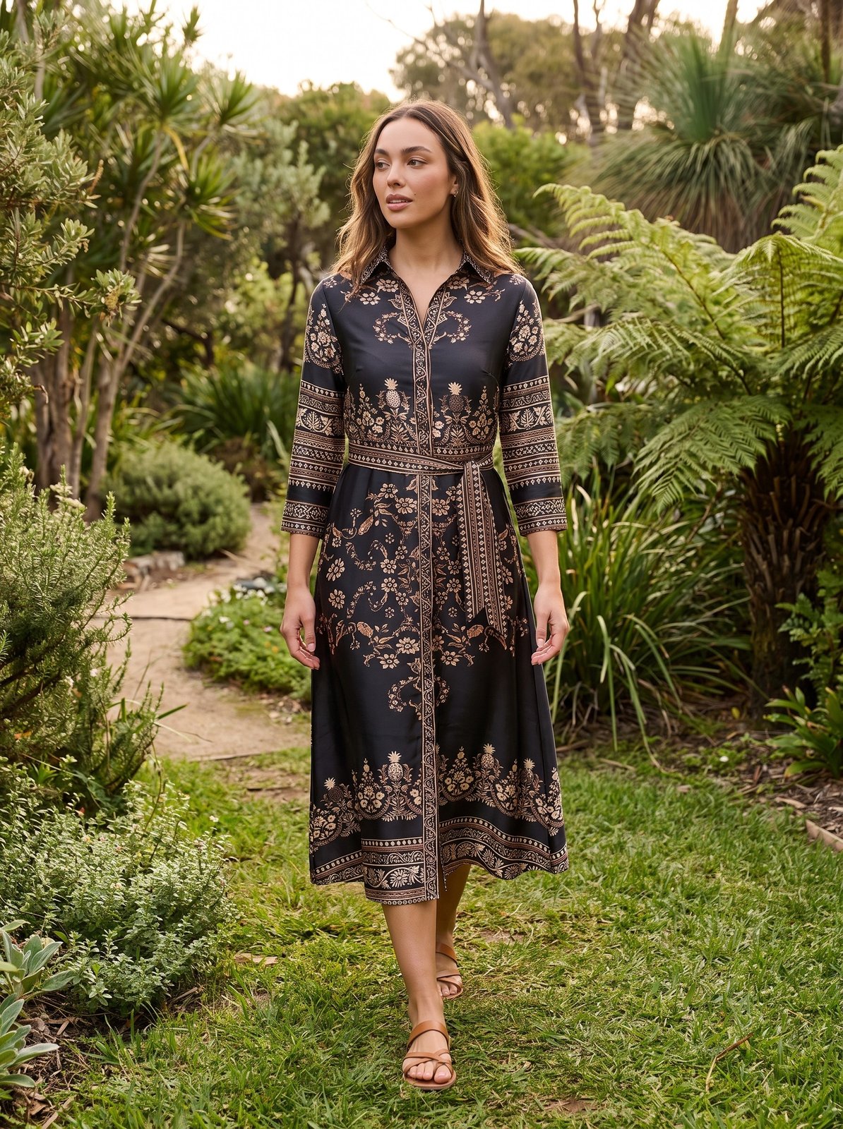 Talia Polished Black Floral Satin Shirt Midi Dress by Riley Belle