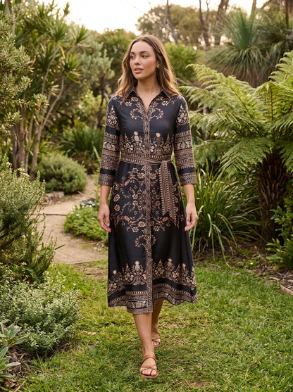 Talia Polished Black Floral Satin Shirt Midi Dress by Riley Belle