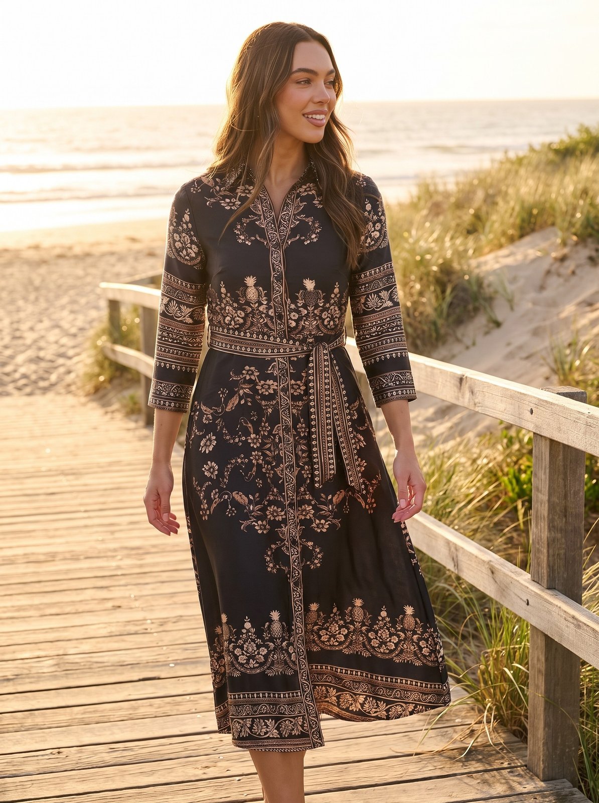 Talia Polished Black Floral Satin Shirt Midi Dress by Riley Belle