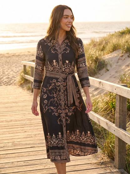 Talia Polished Black Floral Satin Shirt Midi Dress by Riley Belle