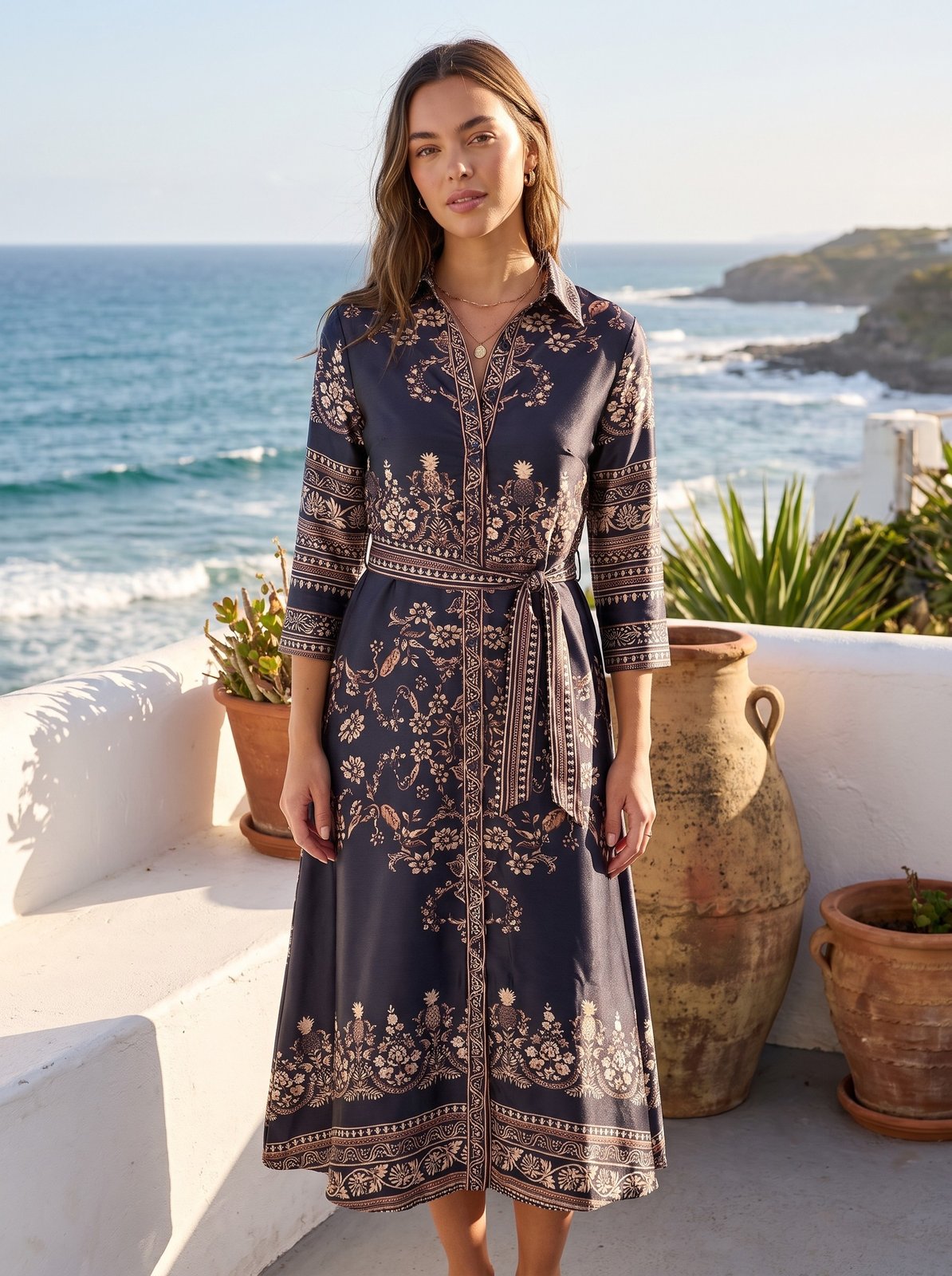 Talia Polished Navy Floral Satin Shirt Midi Dress by Riley Belle