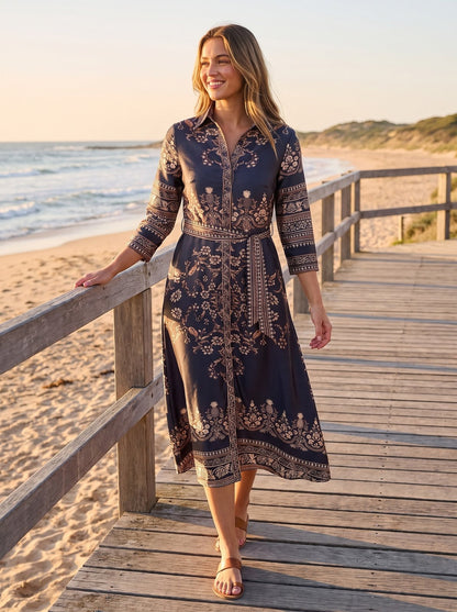 Talia Polished Navy Floral Satin Shirt Midi Dress by Riley Belle
