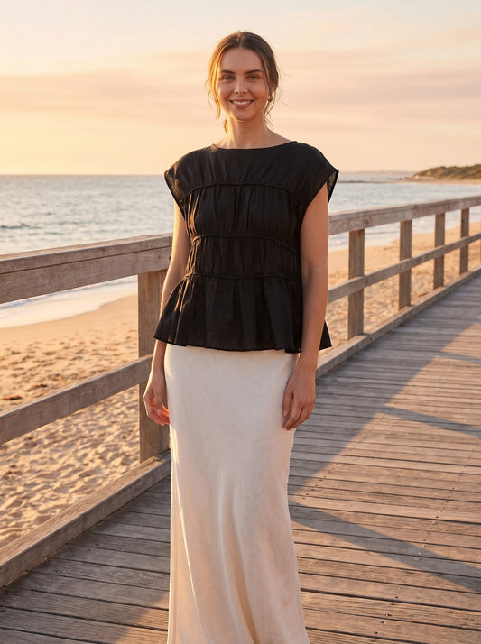 Tess Airy Black Tiered Linen Top by Riley Belle