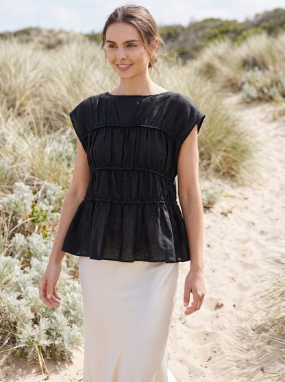 Tess Airy Black Tiered Linen Top by Riley Belle