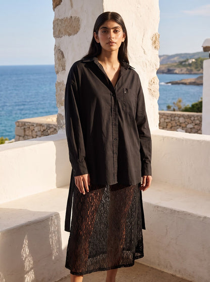 Thea Relaxed Black Oversized Shirt Midi Dress by Riley Belle