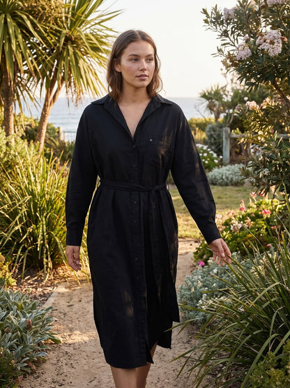 Thea Relaxed Black Oversized Shirt Midi Dress by Riley Belle