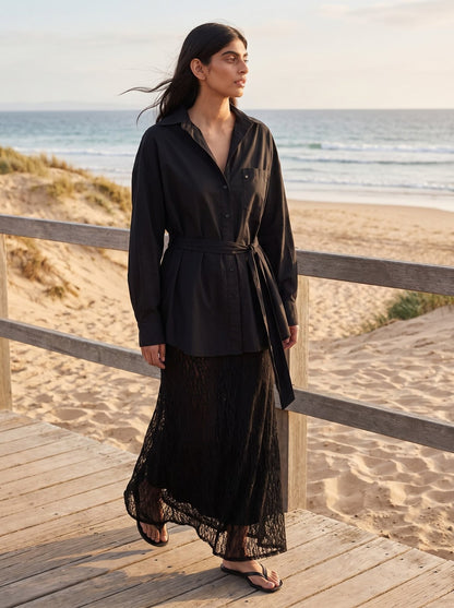 Thea Relaxed Black Oversized Shirt Midi Dress by Riley Belle