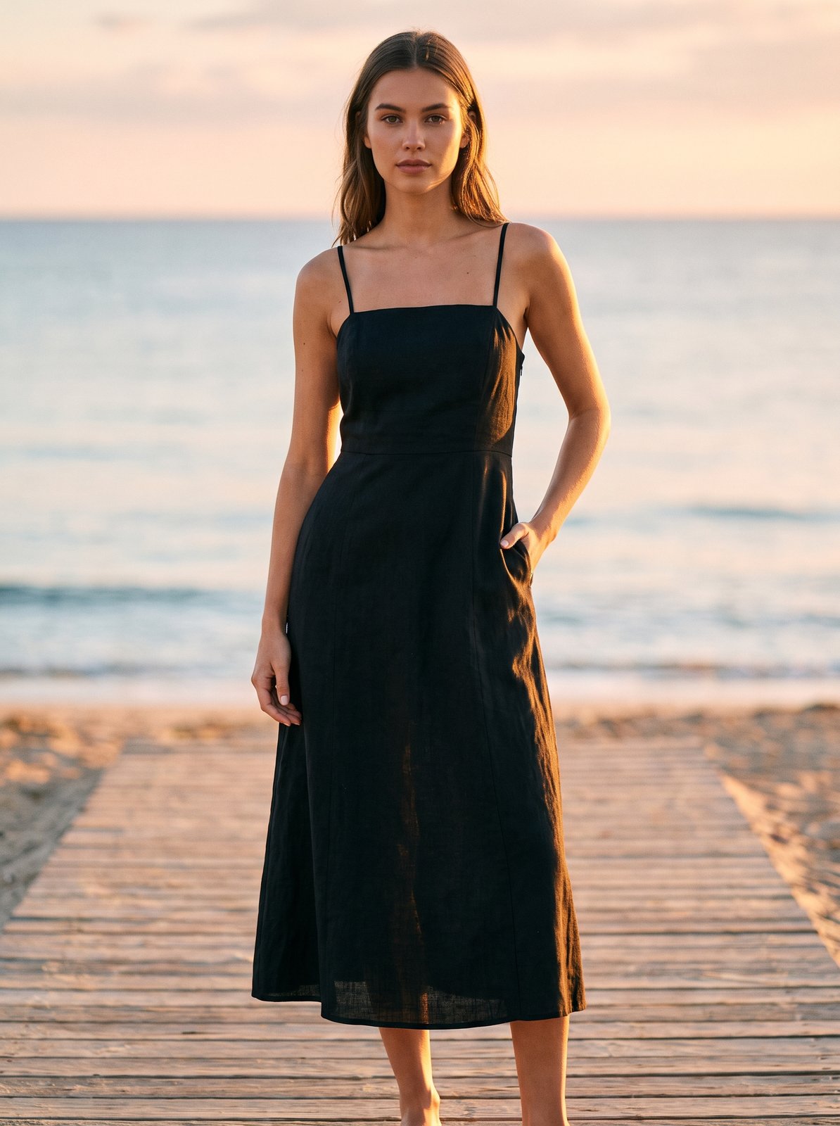 Black linen midi dress by Riley Belle