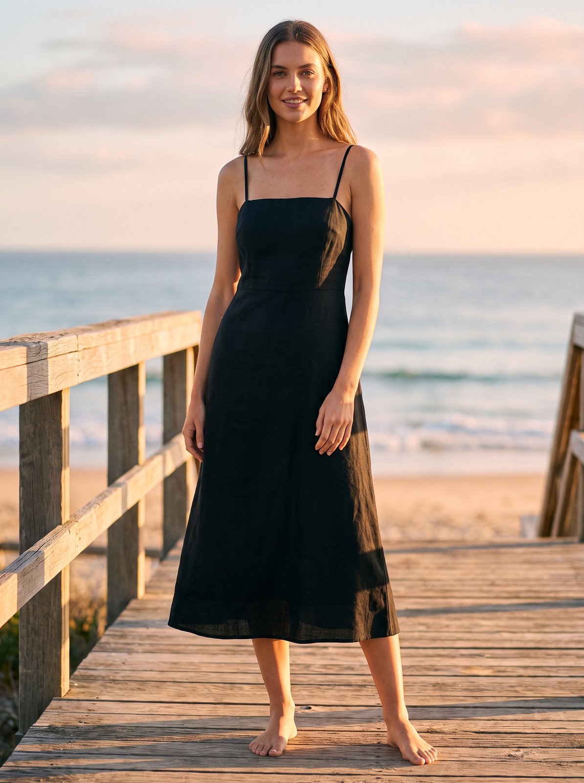 Black linen midi dress by Riley Belle