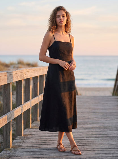 Black linen midi dress by Riley Belle